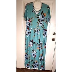Bishuige Womens Maxi Dress 2XL Short Sleeve Mint Green Floral w/ 2 Side Pockets